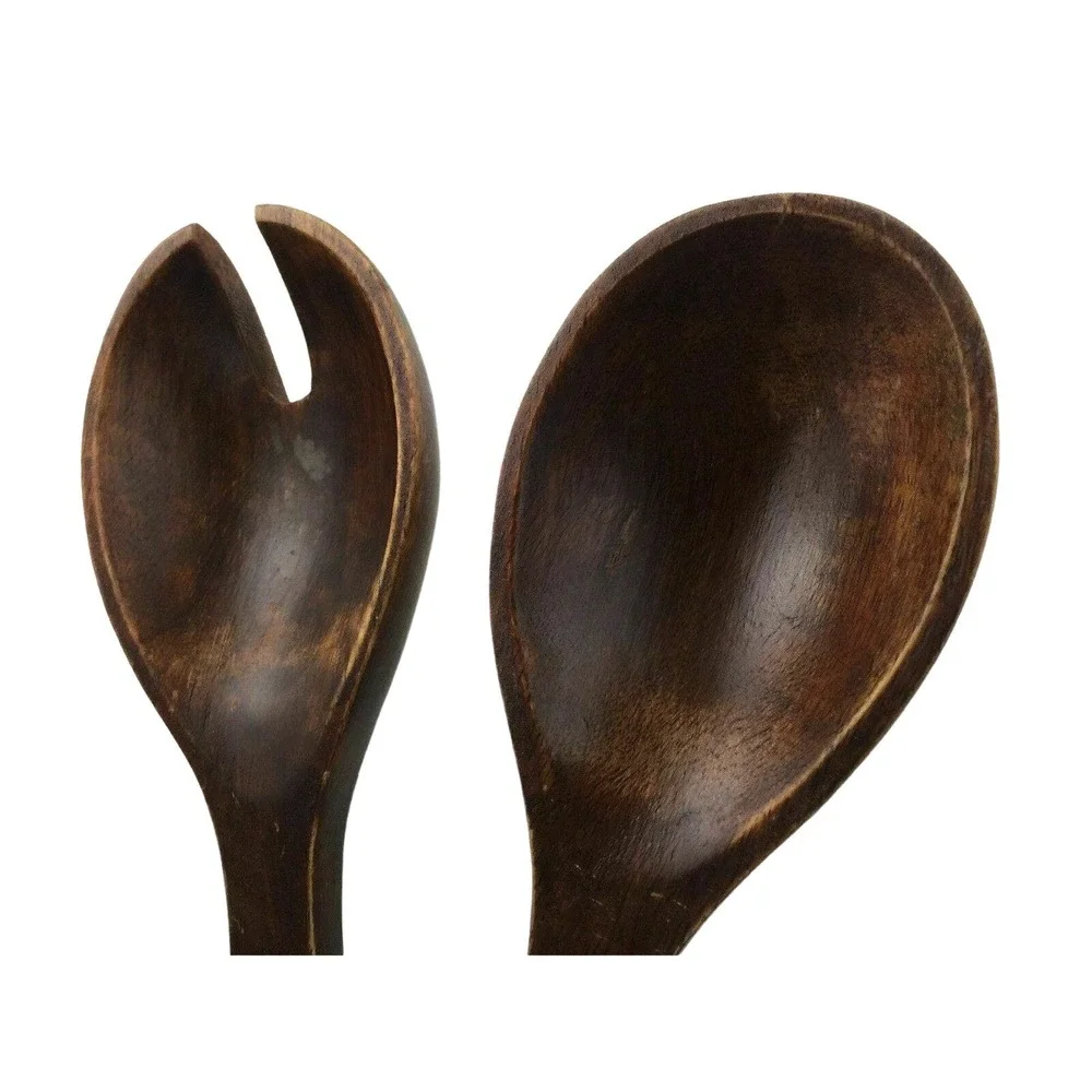 Hand Carved Wood Salad Serving Spoon Fork Set 13